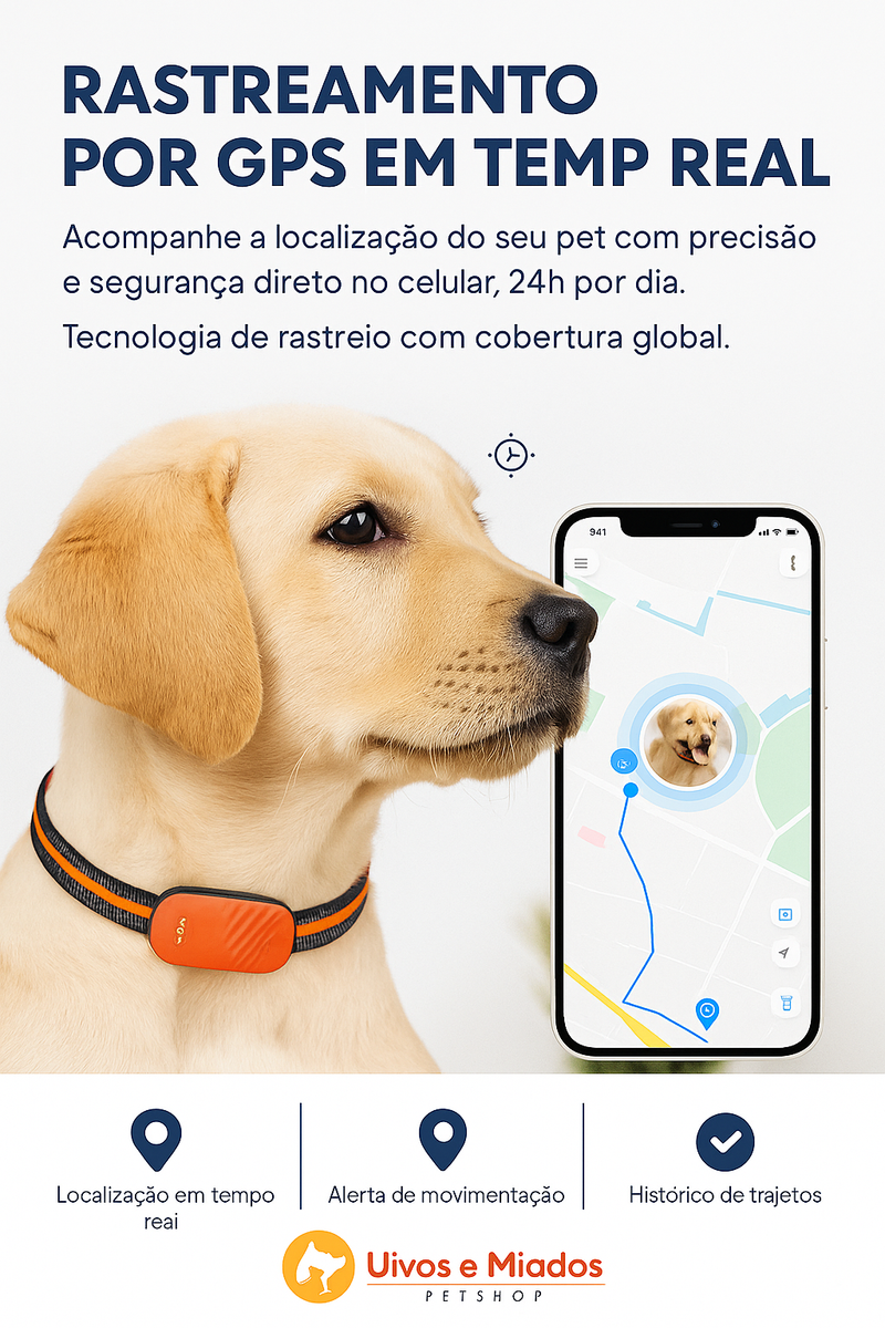 "Características: GPS + GSM, precisão 3-5 metros, bateria 7 dias"