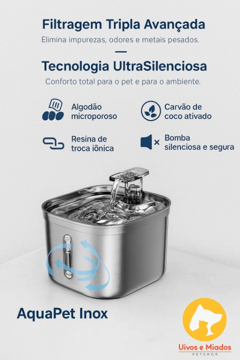 Especificações técnicas da fonte AquaPet Inox com filtro de carvão