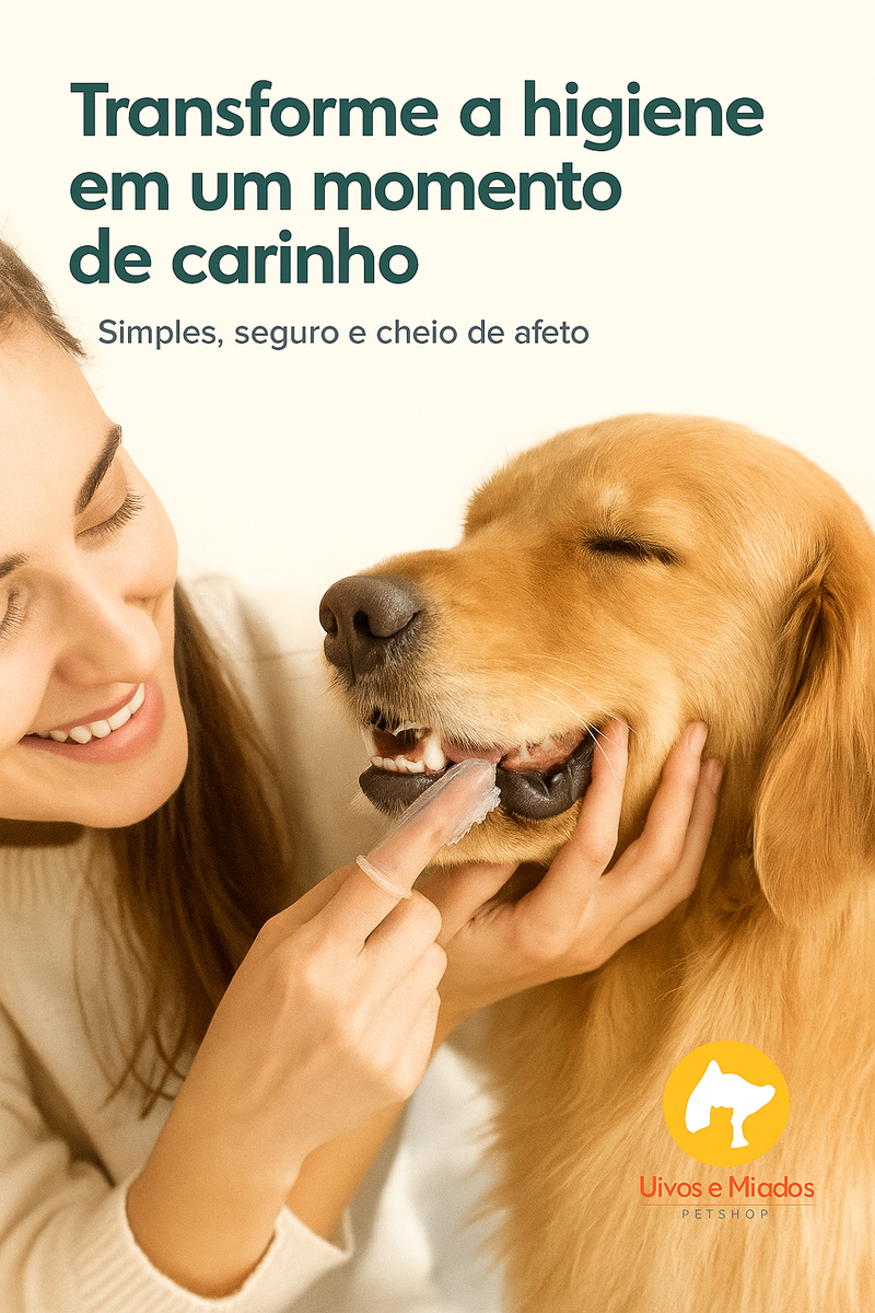 "Como usar: Movimentos suaves e circulares nos dentes do pet"