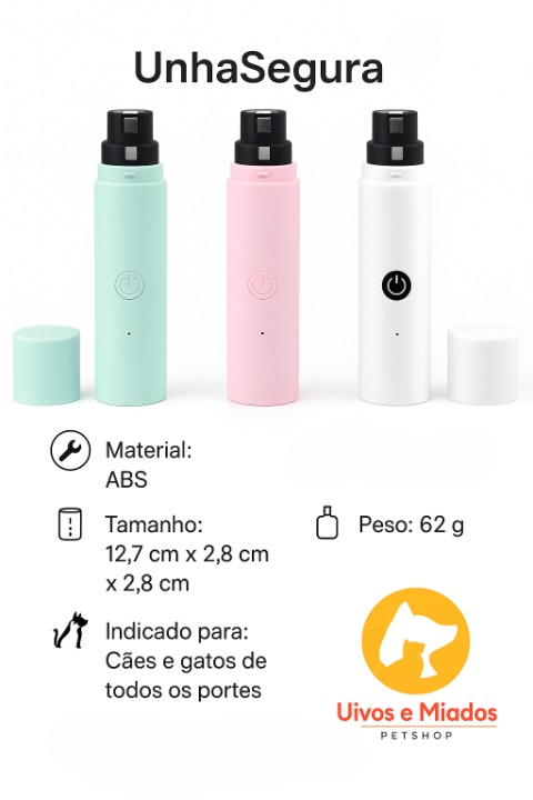 "Características: Motor silencioso e sistema de proteção contra cortes"