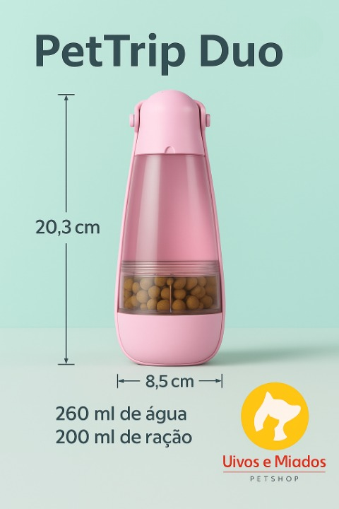 "Benefícios: Praticidade em viagens, mantém água e ração separadas"
