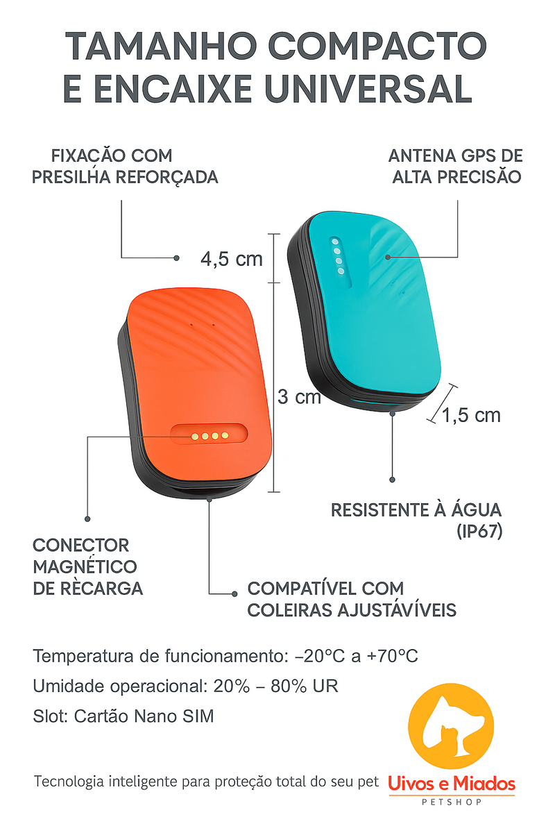 "Resistente à água IP67 - Peso apenas 35g, leve para o animal"