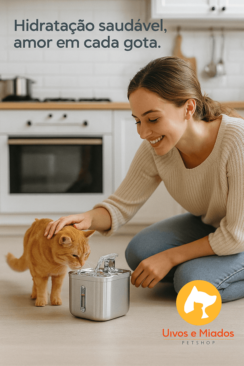 Gato bebendo água filtrada da fonte AquaPet Inox